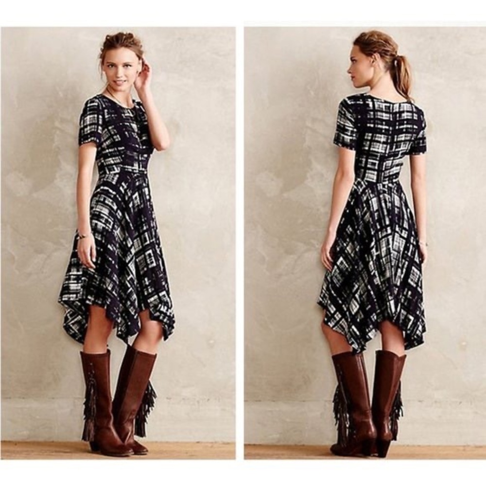 Anthropologie Corey Lynn Calter Painted Plaid Handkerchief Hem Dress EUC Size 4